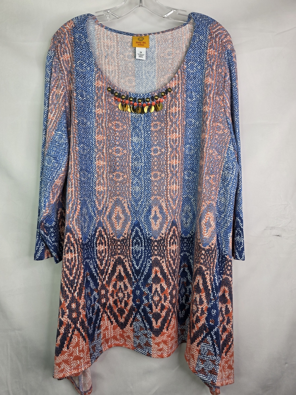 Ruby Rd. Plus Size 2x Scoop Neck Knit Top in Blue and Coral Heather